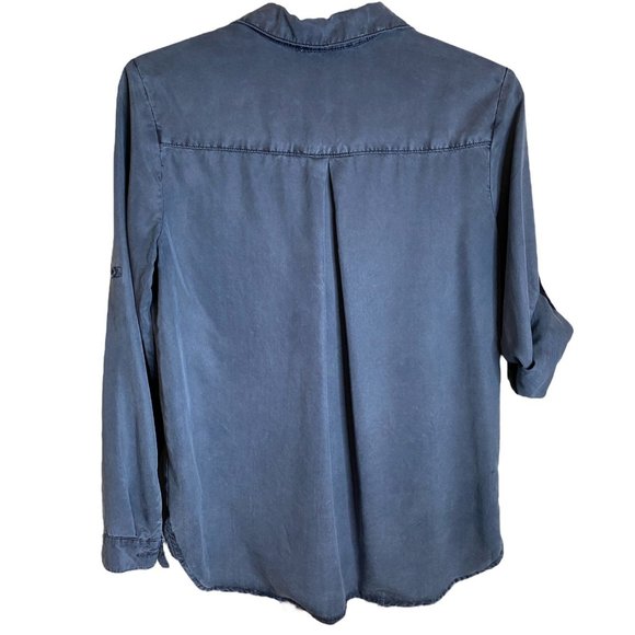Side Stitch Blue Tencel Half Placket Roll-Tab Sleeve High-Low Shirt Size M - Picture 2 of 13